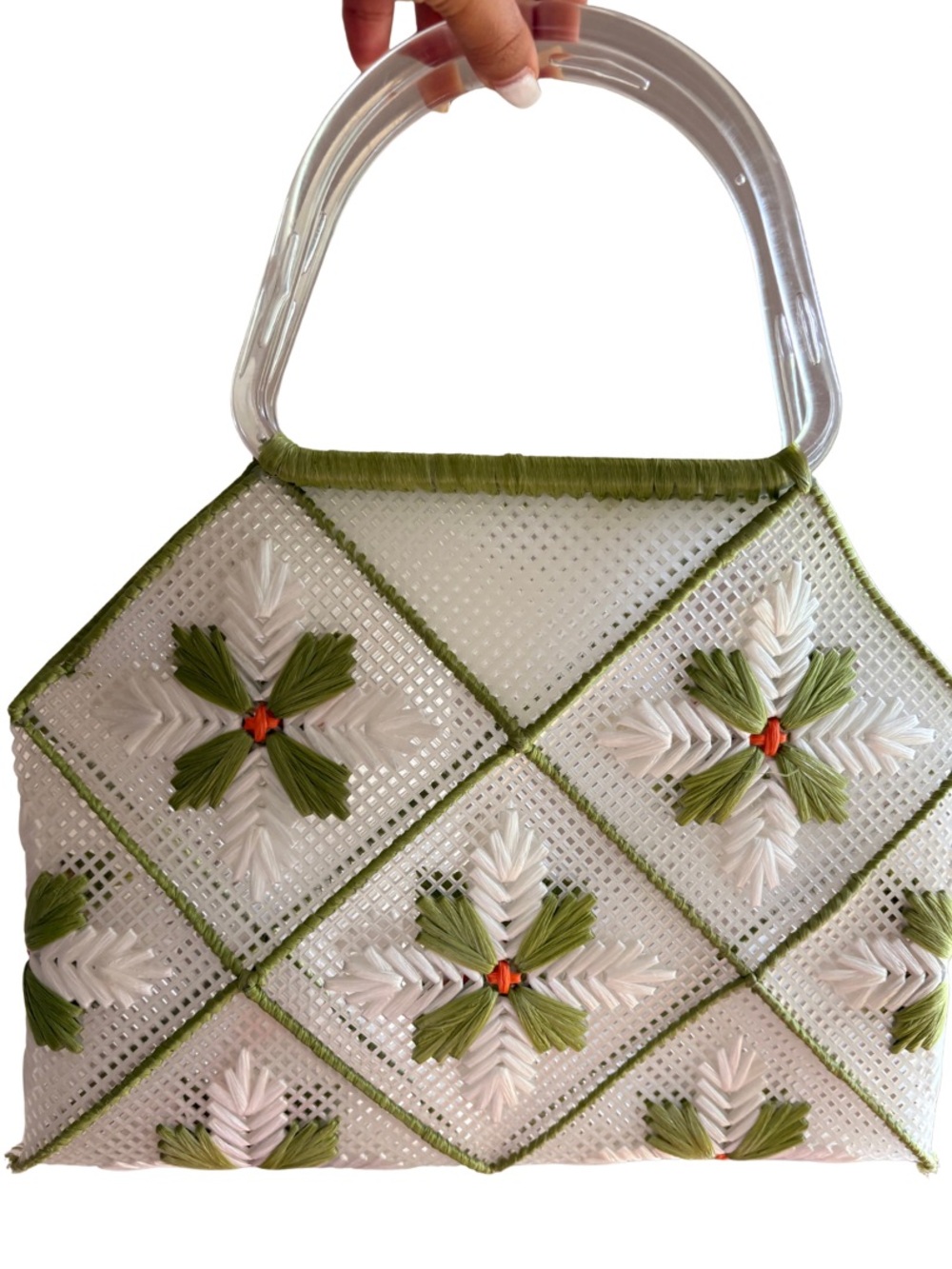 Vintage 70s cross-stitched Floral Plastic Handle Purse Boho Fairycore Whimsy